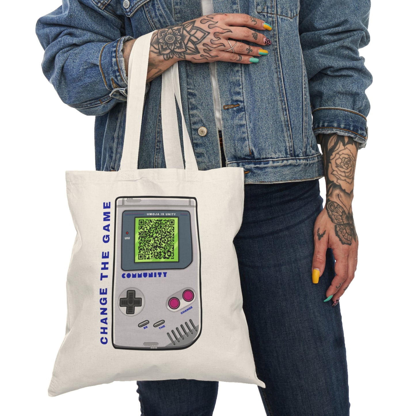 Retro Game Device-Inspired Tote -- "Change the Game" Message + QR Code | Umoja Is Unity