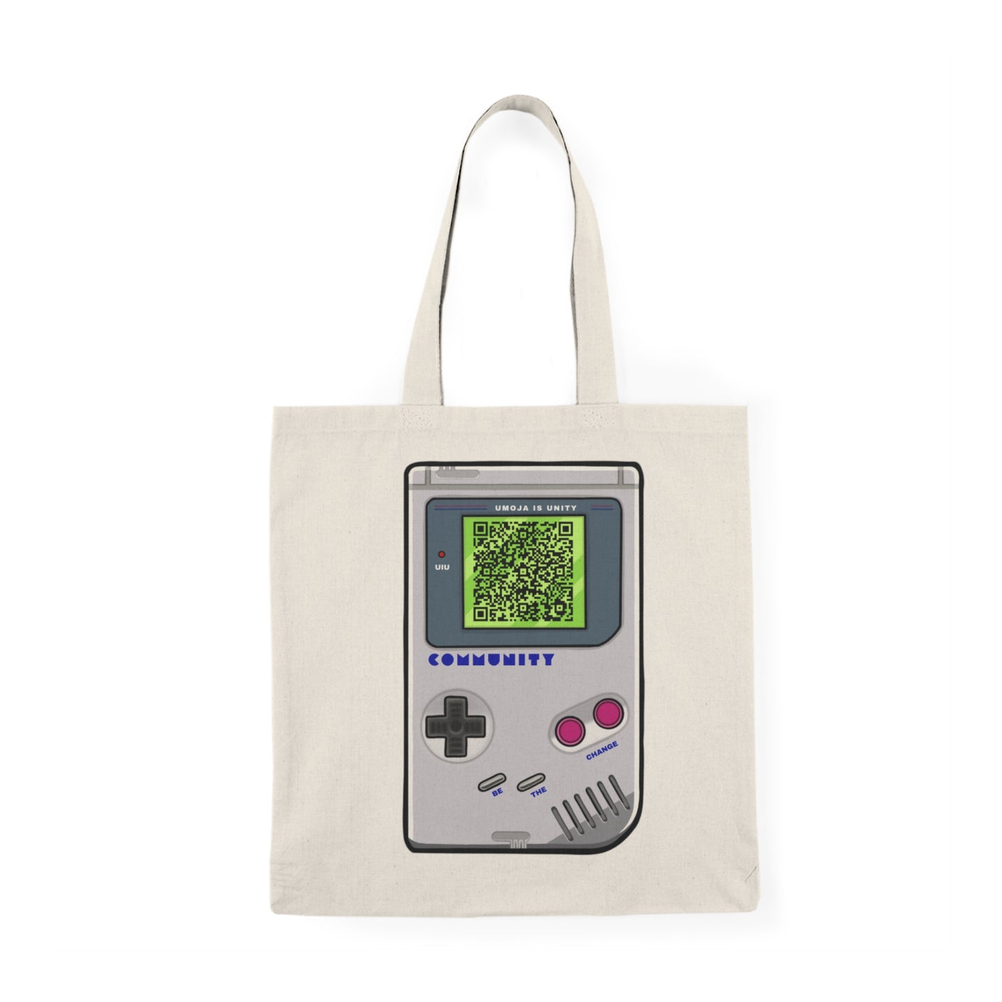 Retro Game Device-Inspired Tote -- "Change the Game" Message + QR Code | Umoja Is Unity
