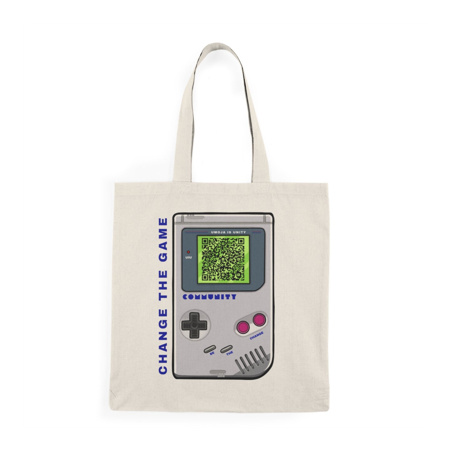 Retro Game Device-Inspired Tote -- "Change the Game" Message + QR Code | Umoja Is Unity